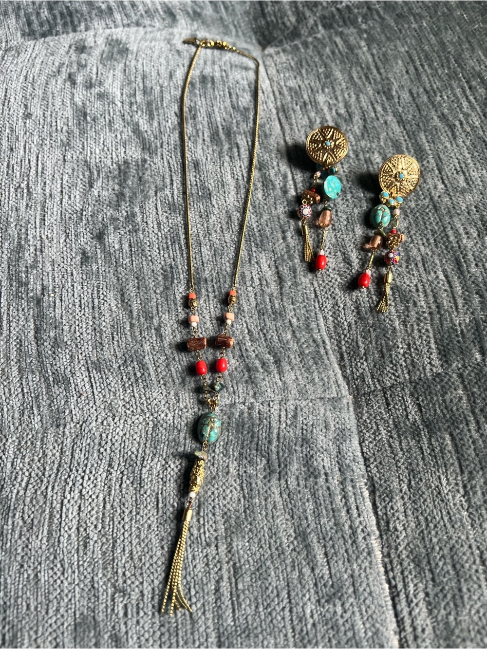 Frank Herval Paris Necklace & Earring Set with Turquoise and Red Beads